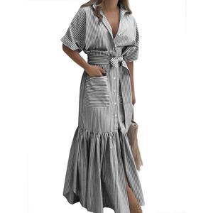 Utcoco Women's 2026 Summer Casual Striped Button Down Maxi Dress Tie Waist Short Sleeve Shirt Dress with Pockets (XX-Large, Gray)