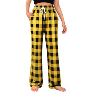 Alimens & Gentle Womens Pajama Pants Plaid Stretch Comfy Lounge Pants Drawstring Waist Sleep Bottoms with Pockets (Small, Yellow & Black)