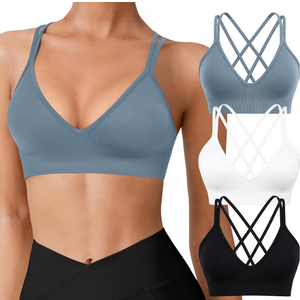 VEQING Seamless V-Neck Women Sports Bras, Padded Cross Back Wireless Low Impact Workout Yoga Bras for Small Chests, 2 Pack
