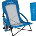 SUNNYFEEL Low Folding Beach Chair for Adults, Portable Lightweight Sling Beach Camping Chairs with Cup Holder, Armrest,Foldable Camp Lawn Chair for Outdoor Sand Concert Travel Sport Events,300LBS, Low Back
