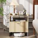 Fluted Night Stand with Charging Station, Wood Nightstand with Large Drawer and Open Storage Cabinet, Mid-Century Modern Bedside Table End Table for Bedroom Closet Office