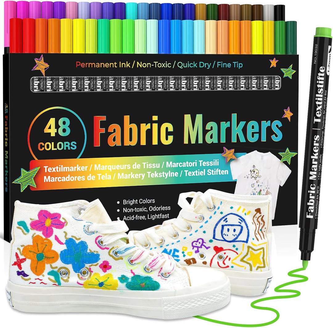 JR.WHITE Fabric Markers Permanent for Clothes Sneaker Shoes T Shirt Onesies Bibs Bodysuit Pillow Canvas Tote Bags Teen Adults Fabric Decorating, Fine Point Pen Fabric Paint Pens Set of 48 Colors