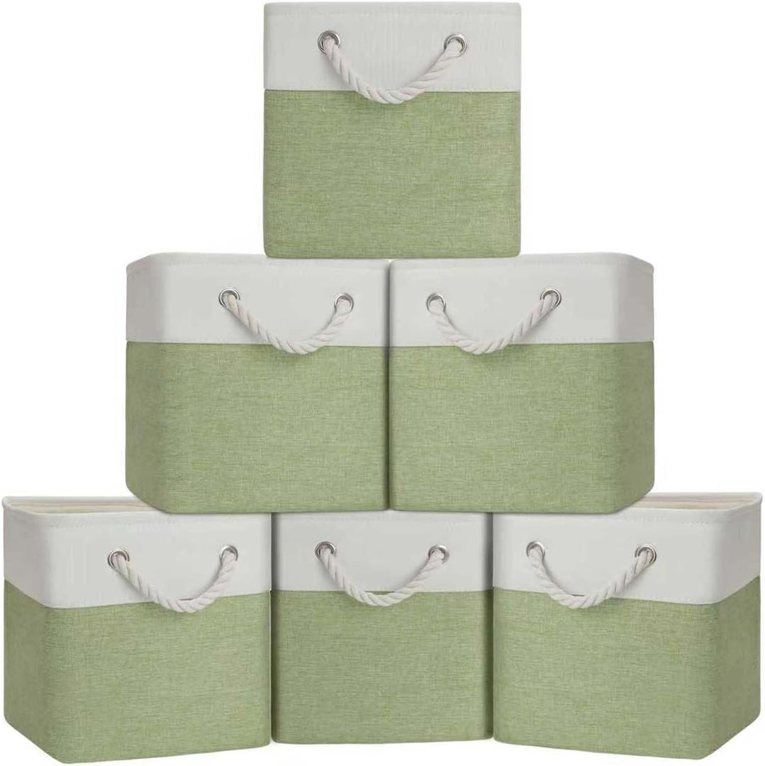 Cube Storage Bins, Collapsible Fabric Storage Cubes Bins, 11 Inch Cube Storage Bins with Handles, Foldable Storage Cubes (White/Green, 6Pack)