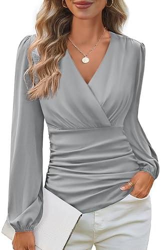 GRACE KARIN Long Sleeve Blouses for Women Dressy Casual, Elegant Wrap Tops V Neck Work Shirts, 2025 Fall Business Outfits M