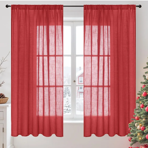 BGment Red Linen Curtains 63 Inches Long for Living Room, Semi Sheer Window Drapes Textured with Rod Pocket for Bedroom Dining Room Lightweight, 2 Panels Set, Each 52 Inch Wide