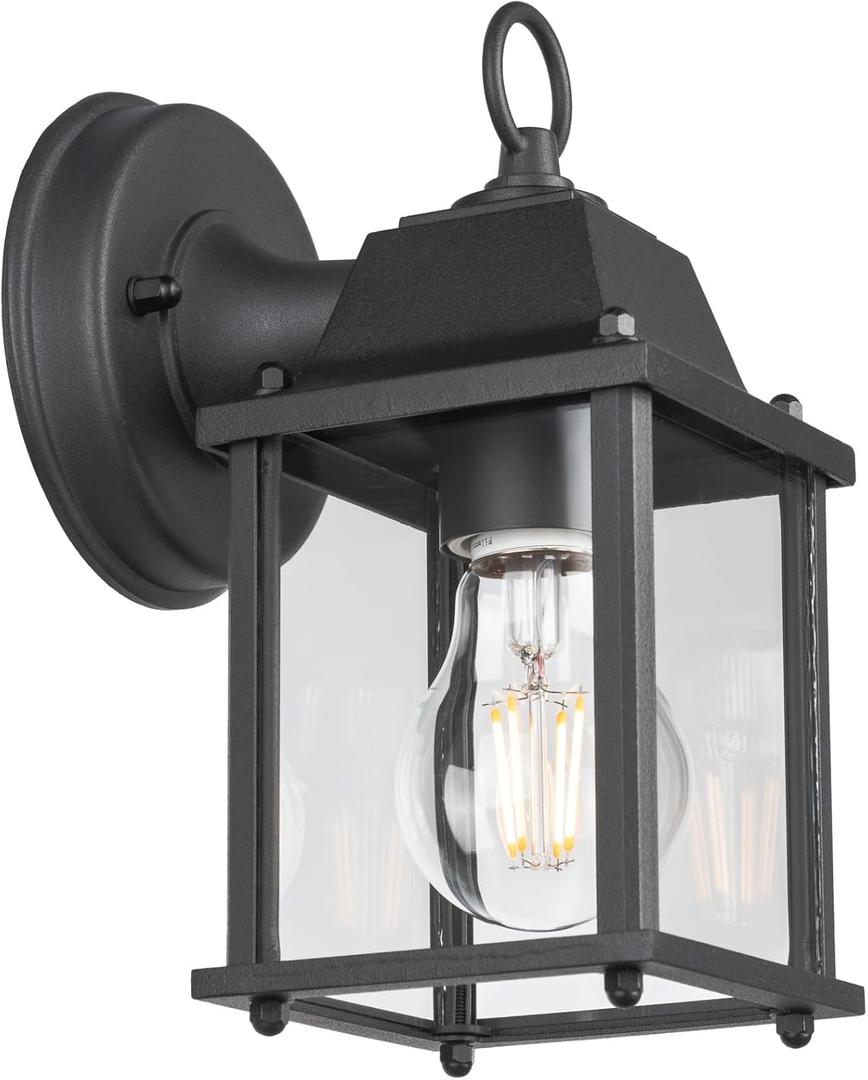 LIT-PaTH Outdoor Wall Lantern, Wall Sconce as Porch Lighting Fixture, E26 Base, Aluminum Housing Plus Glass, Water-Proof and Outdoor Rated, ETL Qualified, 1-Pack, Black