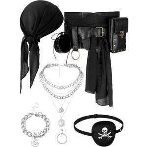 Fourluoo 10 Pcs Pirate Costume Pirate Belt Head Women Men Pirates Accessory Purse Bandana Head Eye Patch Keyring Jewelry Set (Black)