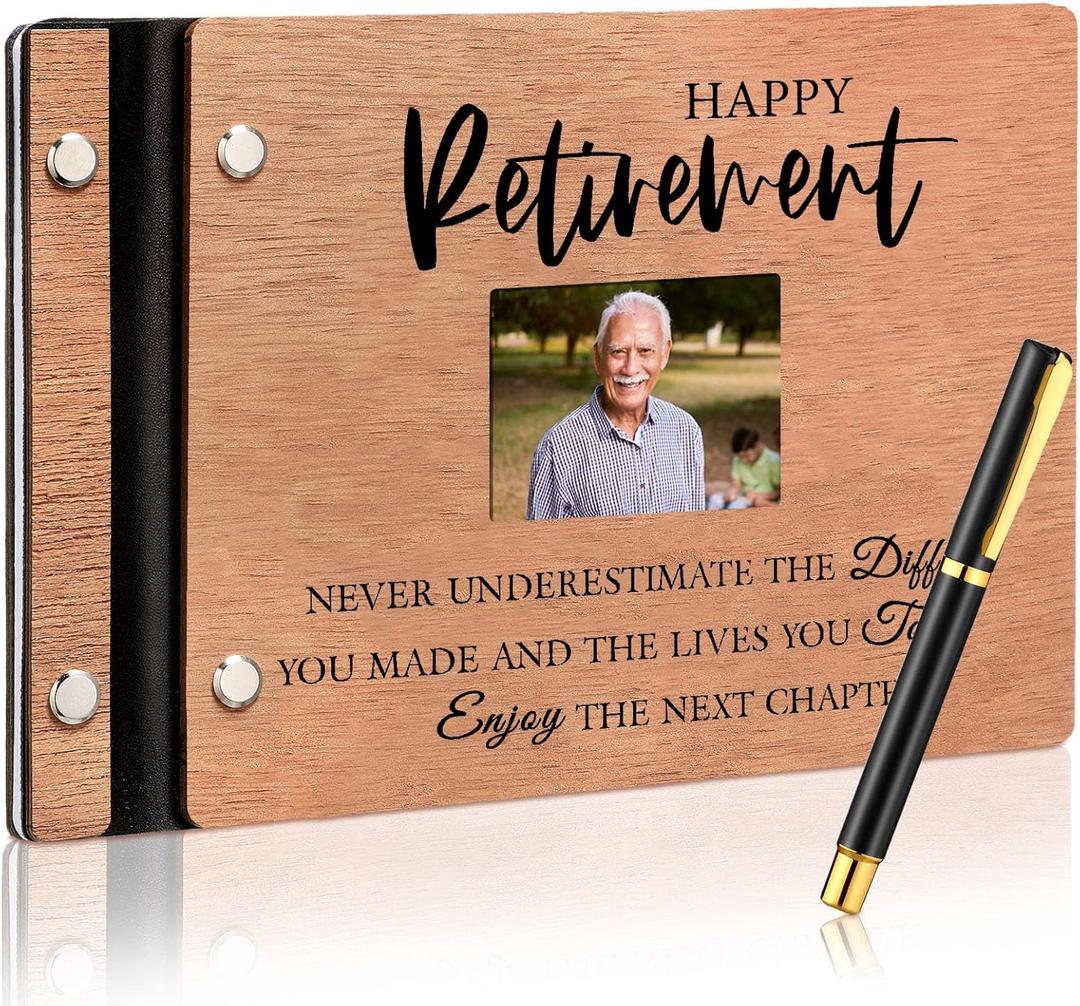 Wood Retirement Guest Book with Signature Pen Retirement Party Decorations Supplies Gifts for Women Men Office Colleague Advice and Wishes(Retirement)