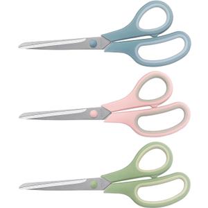 LONGKEY 8.5 Inch Scissors, All-Purpose, Soft Comfort-Grip, Ambidextrous, Pastel Green, Pink, Blue, 3 Count