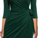 Berydress Women's Classic 3/4 Sleeve V Neck Sheath Casual Party Work Faux Black Wrap Dress (Medium, Dark Green)