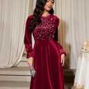 Bbonlinedress Velvet Sequin Cocktail Long Sleeve Dress for Women Velvet Vintage Wedding Guest Midi Dress (Large, Burgundy)