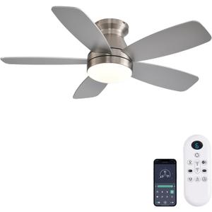 JSAITEE Ceiling Fans with Lights, 42 Inch Low Profile Ceiling Fan with Light and Remote/App Control, Flush Mount, Reversible, 3CCT, Dimmable, Noiseless, Nickel Ceiling Fan for Indoor/Outdoor Use