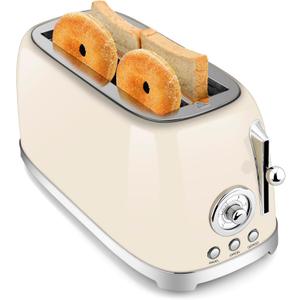 SUSTEAS Toaster 4 Slice Wide Slot, Stainless Steel Bread Bagel Toasters, Retro Long Slot Tostadora for Defrost, Reheat, Removable Crumb Tray, 1500W, 6 Browning Settings, Beige