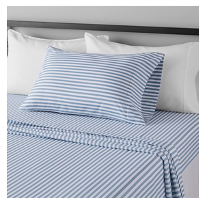 Amazon Basics Lightweight Super Soft Easy Care Microfiber 3 Piece Bed Sheet Set With 14-inch Deep Pockets - Twin, Dusty Blue Pinstripe,Printed