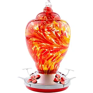WOSIBO Hummingbird Feeder for Outdoors Patio Large 32 Ounces Colorful Hand Blown Glass Hummingbird Feeder with Ant Moat Hanging Hook, Rope, Brush and Service Card (RED)