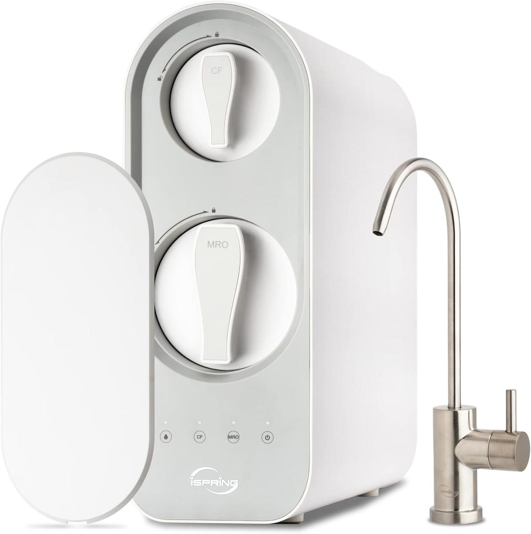 iSpring RO600BN Tankless Reverse Osmosis System Under Sink, 600 GPD Fast Flow RO System, 2.5:1 Pure to Drain Ratio RO Water Filter System, Brushed Nickel Faucet, White