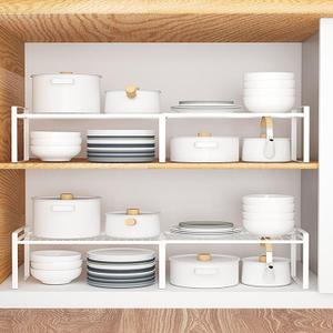13"-24" L Expandable Cabinet Shelf Rack Set of 2, Stackable Kitchen Countertop Cupboard Organizers and Pantry Storage Shelves (White)