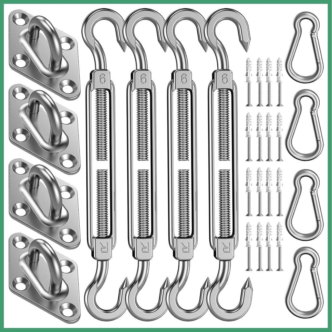 Sun Shade Sail Hardware Kit: 6 Inch Stainless Steel Sun Sail Hardware Kit for Triangle & Rectangle Shade Sail Canopy Installation, 44 Pcs Sunshade Hardware for Sun Shades Outdoor Patio Garden Backyard (Silver)