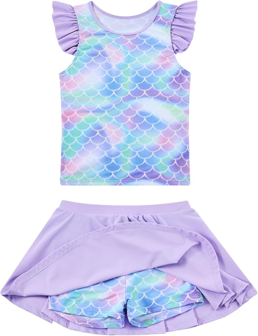 Girls Swimsuit 2 Piece Ruffle Bathing Suit UPF 50+ Tankini Swimsuit Skirt with Lining Size 3-10 (5-6 Years, A1-mermaid-03)