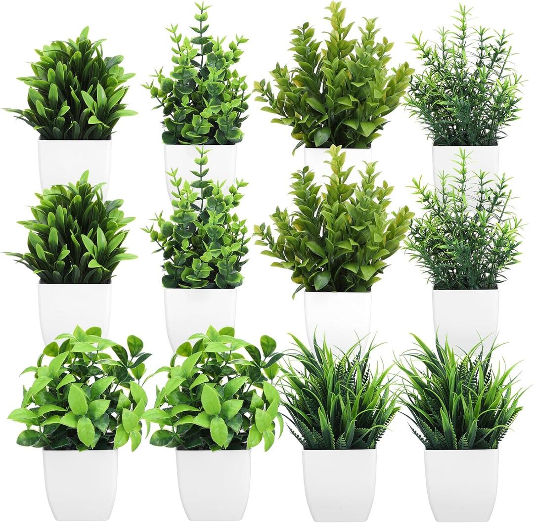 Kifmurase 12Pcs Fake Plants, Mini Artificial Greenery Potted Plants for Shelf, Small Artificial Faux Eucalyptus for Home Decor, Indoor, Office, Desk, Shelf, Table Decoration