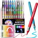 3 x VEESA Acrylic Paint Markers Brush Tip, Automatic Ink Control, 36 Colors | Water-Based Ink, Colors That Beautifully Layer, Color Coded, Storage Box Included