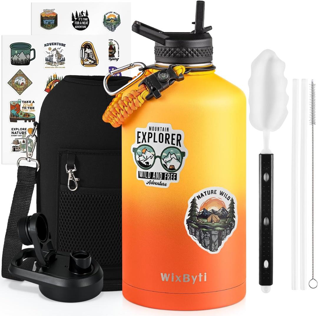 One Gallon Water Bottle Insulated, Triple Wall Vacuum Cold for 48 Hrs & Leak-proof & Non-BPA, 128oz Large Sports Stainless Steel Water Jug with Paracord Handle Straw Spout Lids & DIY Stickers (Orange Gradient)