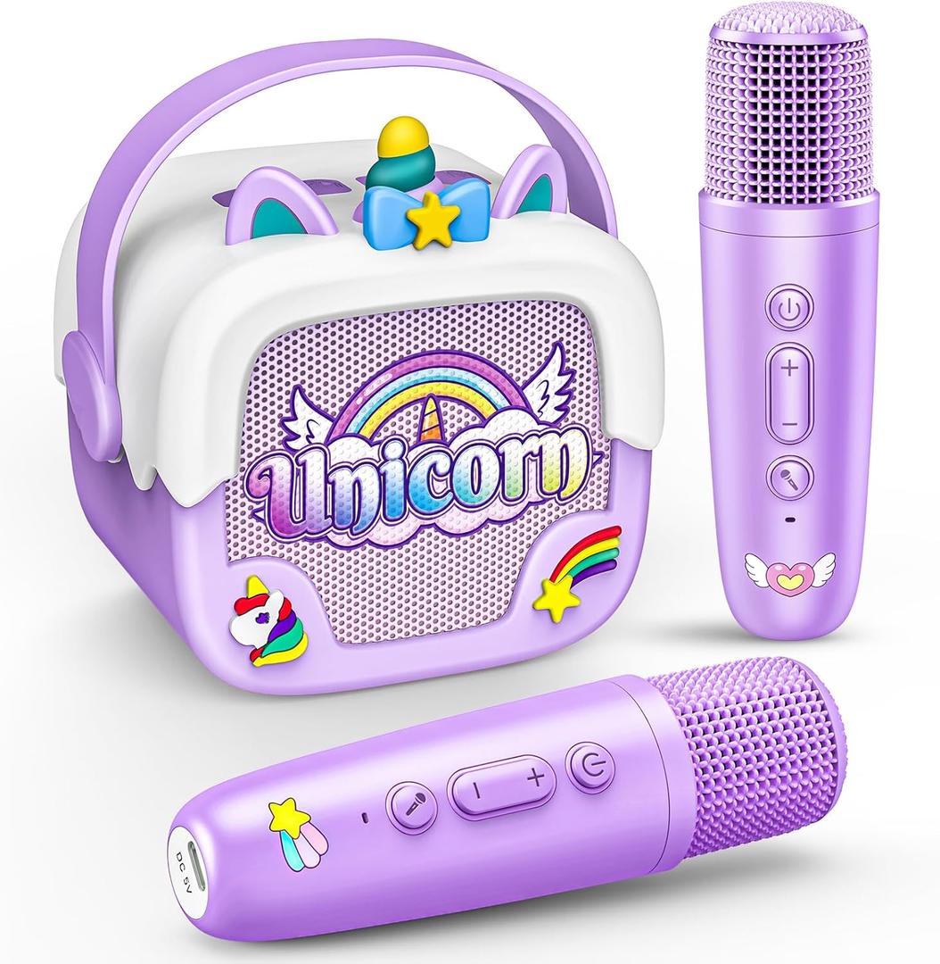 Mini Karaoke Machine for Kids Girls: Unicorn Portable Bluetooth Speakers with 2 Wireless Mic Toys for Girls Age 4-6 7 8 9 Years Old Girl Easter Birthday Gifts for 5 6 7 8 9 10 11 Years Teens Purple