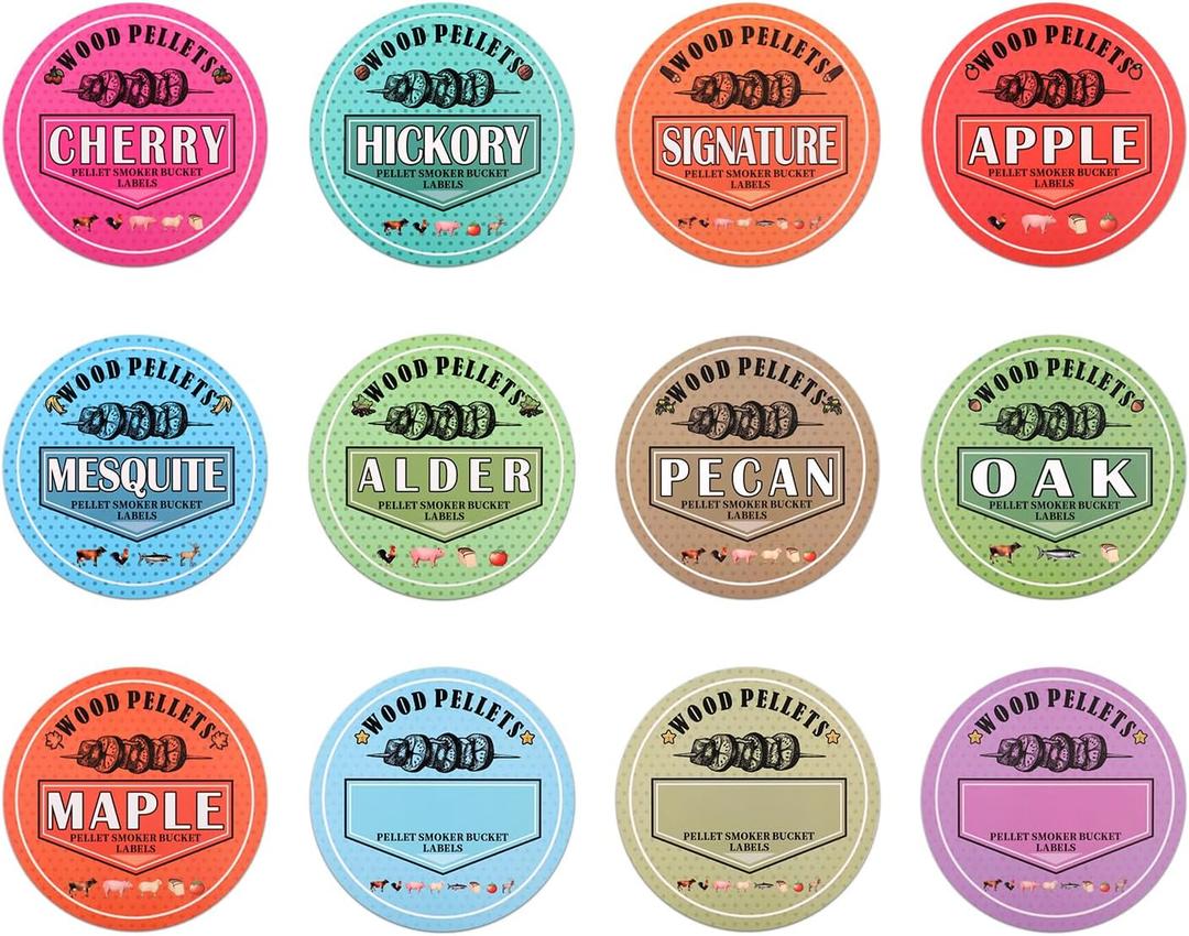 12pcs Grill Pellet Labels, 3.94x3.94 Inch Smoker Pellet Storage Tag Easy-to-Identify Pellet Bucket Label Stickers for Wood Pellet Storage Container Grill Accessories for Pellet Grills