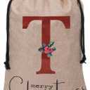 Subyan 27 x 23 Inch Burlap Christmas Gift Bag, Extra Large Reusable Personalized Monogram Letter Santa Sack with Drawstring for Xmas Party Decorations(Letter T)
