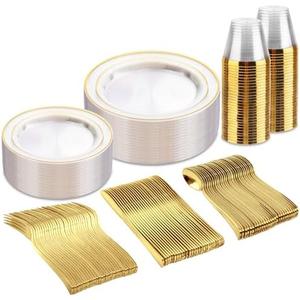 bUCLA 150Pcs Clear Gold Plastic Dinnerware Set - Clear and Gold Disposable Plates Include 25 Dinner / 25 Dessert Plates,25 Knives,25 Forks,25 Spoons,25 Cups for Party, Fall & Thanksgiving