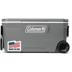 Coleman Classic Series Insulated Portable Wheeled Cooler, Leak-Resistant Outdoor Hard Cooler Keeps Ice up to 5 Days, 100-Quart (Rock Grey)