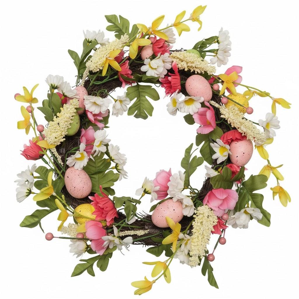 18 inch Easter Wreath Artificial Easter Egg Wreath for Front Door Easter Door Wreath Spring Wreath with Pastel Eggs and Mixed Twigs for Easter Decorations