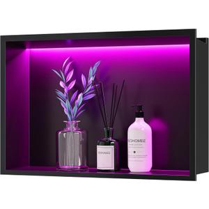 RGB LED Light Shower Niche, Matte Black 18X12 in Stainless Steel Recessed Storage with Remote Control, Waterproof No Tile Needed Wall Niche for Bathroom Storage Built-in Installation