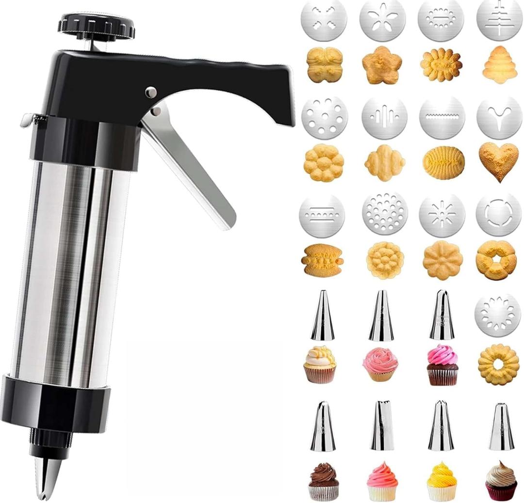 Cookie Press Gun Kit for Baking,Spritz Cookie Press Gun With 13 Cookie Discs+8 Icing Nozzles Perfect for DIY Christmas Cookies Maker and Decorating CookiesSilver