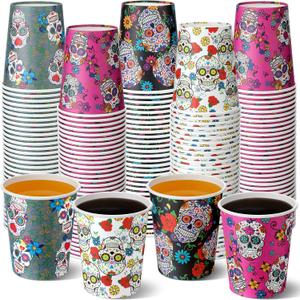 Yaomiao 200 Pcs Day of The Dead Paper Cups Bulk Sugar Skull 9 oz Disposable Hot/cold Beverage Drinking Cups for Dia De Los Muertos Halloween Party Supplies Decoration