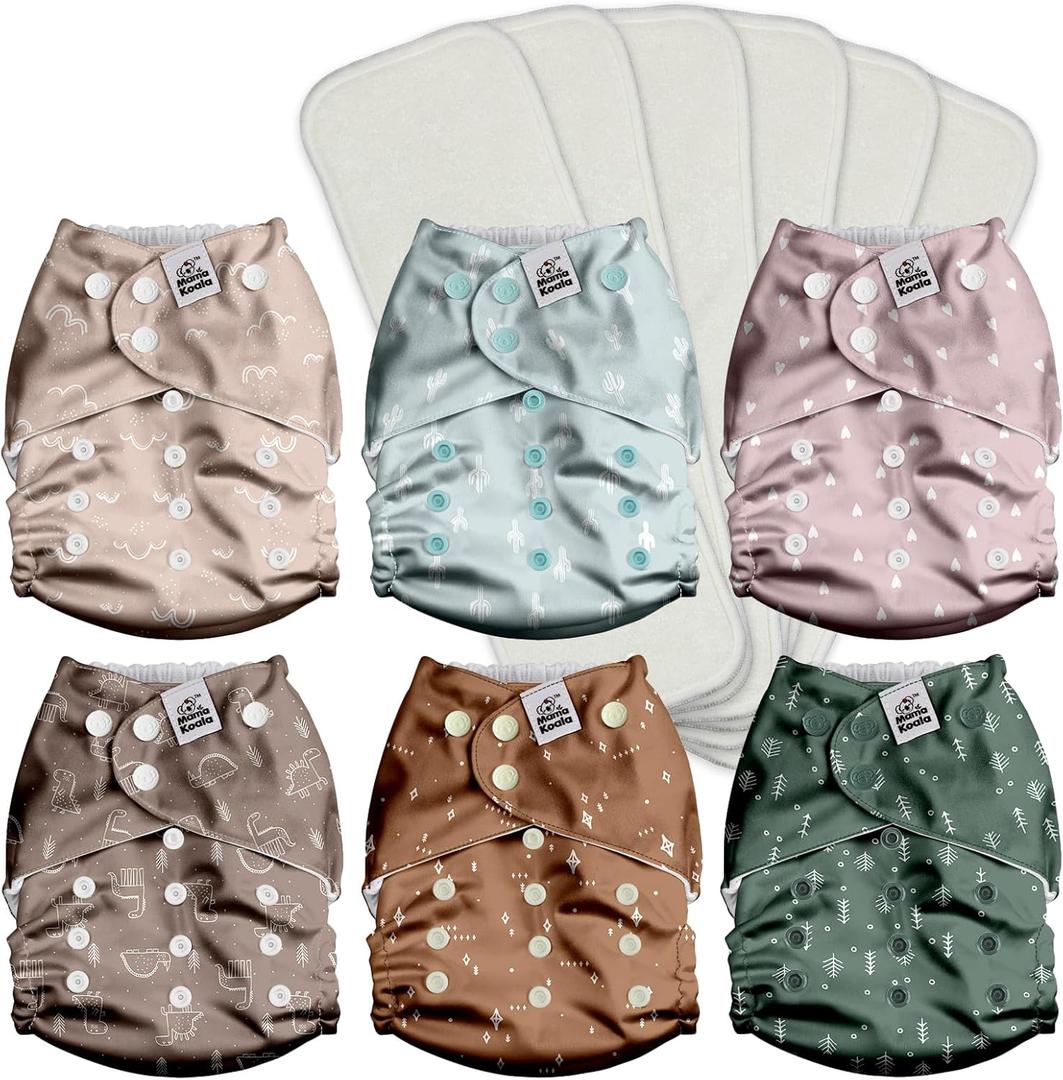 Mama Koala 3.0 Pocket Cloth Diapers for Babies with AWJ Lining, 6 Pack with 6 4-Layer Natural Cloth Diaper Inserts - Reusable and Washable Pocket Diapers(Simply Neutrals)