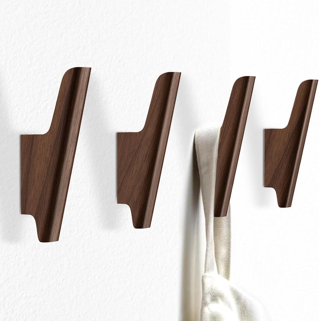 Wood Wall Hooks 4 Pack Coat Hooks Wall Mount Walnut Wooden Hooks for Hanging Hat, Bag, Backpack, Rustic Coat Hooks for Wall, Wood Towel Hooks for Bathrooms and Entryway Hooks (Walnut, Dark)