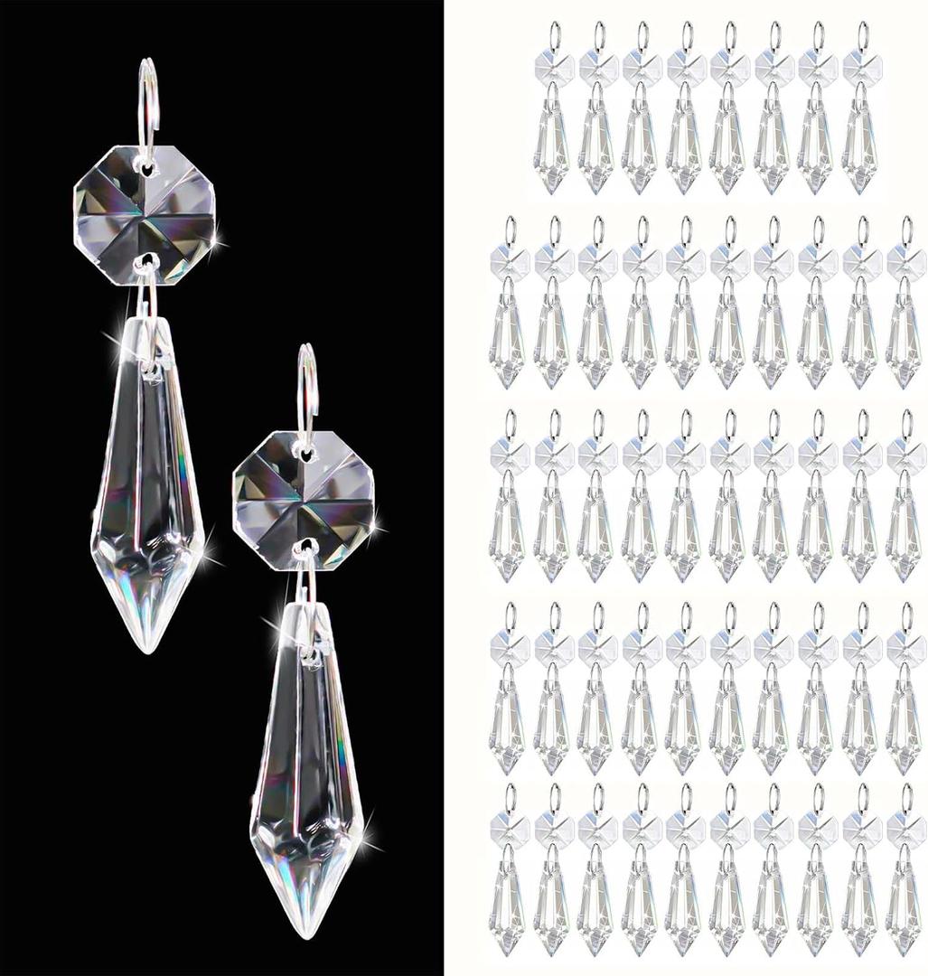 50PCS Premium Clear Crystal Teardrop Prism 2.4" -Crystal Glass Baroque Chandelier Pendant Drop Loose Beads Suncatcher for Holiday Party/Home/Window Decoration/Chandelier Replacement Parts