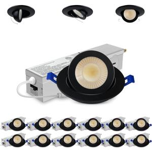 Adetu 2 Inch 5CCT Gimbal Black Led Recessed Lighting with Junction Box, 360+90 Adjustable Led Recessed Lights, 2700K/3000K/3500K/4000K/5000K, 5W Eqv 50W, 550LM Brightness - ETL (Black, 12 Pack)