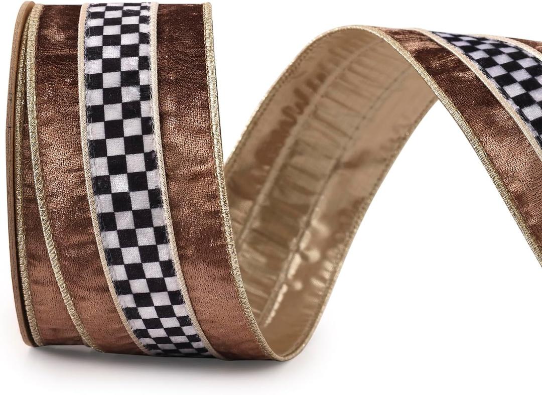 2.5 Inch Brown Velvet Wired Ribbon 10 Yards Black and White Plaid Metallic Crushed Velvet Christmas Ribbon for Gift Wrapping Christmas Tree Decoration Crafts Wreaths (Brown, 2.5"-10 Yard)