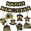 Happy New Year Banner & Hanging Swirls, 2026 Black and Gold Happy New Years Paper Banner Ceiling Swirl Streamers for New Years Eve Party Supplies