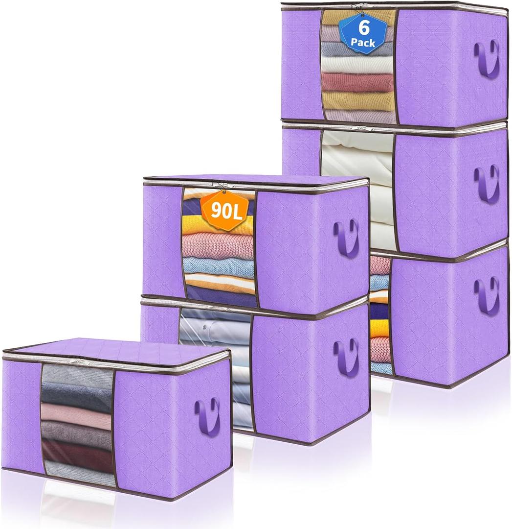 90L Clothes Blanket Storage Bags, 6 Pack Under Bed Storage Bins with Lids, Foldable Closet Organizer with Reinforced Handles for Clothing, Blanket, Comforters, Bed Sheets, Pillows and Toys, Purple