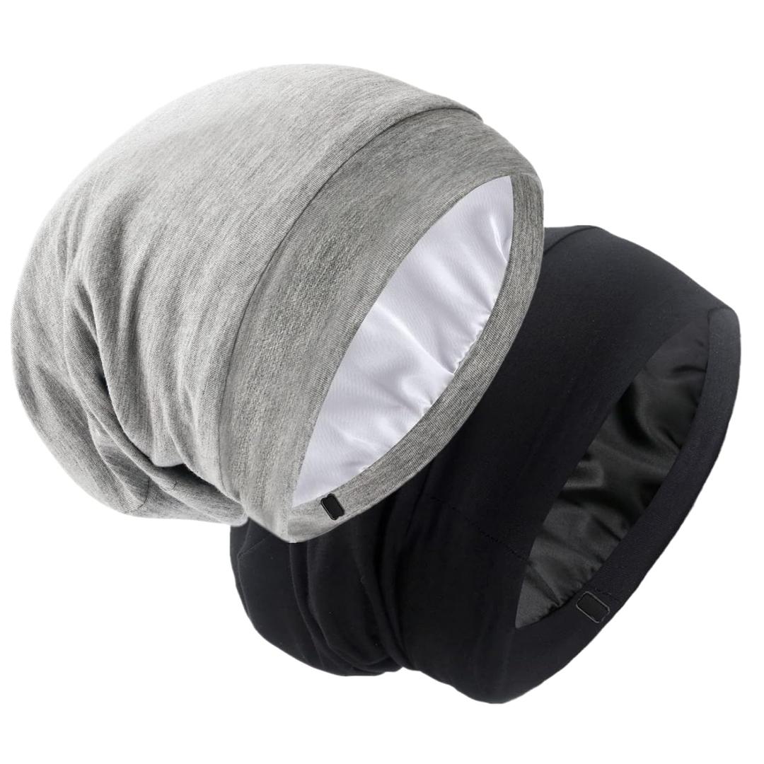 Silk Satin Lined Bonnet Sleep Cap - Adjustable Stay on All Night Hair Wrap Cover Slouchy Beanie for Curly Hair Protection for Women and Men - Black & Light Grey