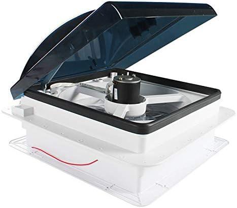 14" x 14" RV Roof Vent Fan 12V Manual Riser Reversible Manual Lift with Smoked Lid