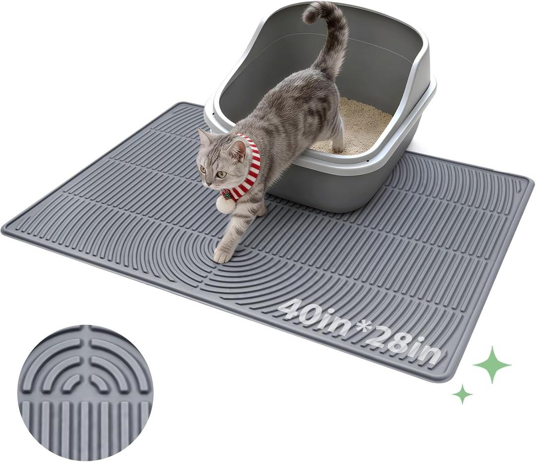 Pawtasy Cat Litter Box Mat,40" x 28" Extra Large Silicone Waterproof Litter Trapping Mat for Scatter Control Soft on Kitty Paws Non-Slip Easy to Clean (Grey)