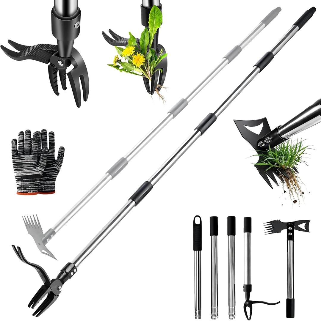 Stand Up Weed Puller Tool with 58" Adjustable Long Handle, 2 in 1 Heavy Duty Manual Weeder & Garden Hoe, 4-Claw Steel Head Weed Remover with Gloves for Yard Lawn Patio Flower Bed
