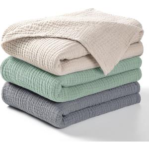 lulumoon Muslin Swaddle Blanket Baby - Cotton Swaddling Blanket Soft Baby Receiving Blankets Neutral 3Pack(Grey+Green)
