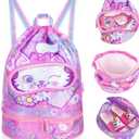 Drawstring Backpack for Kids Girls, Cute Cartoon Cat Waterproof Drawstring Bag String Swim Gym Sports Beach Bag with Shoes & Sunglasses Compartment and Wet Proof Pocket