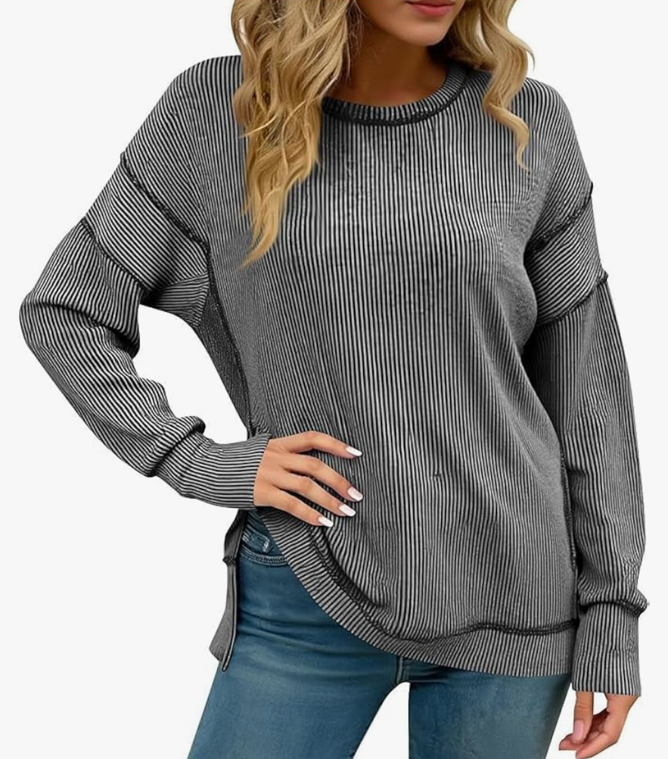 Womens Crew Neck Side Slit Sweatshirts Fashion Cute Long Sleeve Dressy Shirt Casual Loose Color Block Pullover Top, Size M