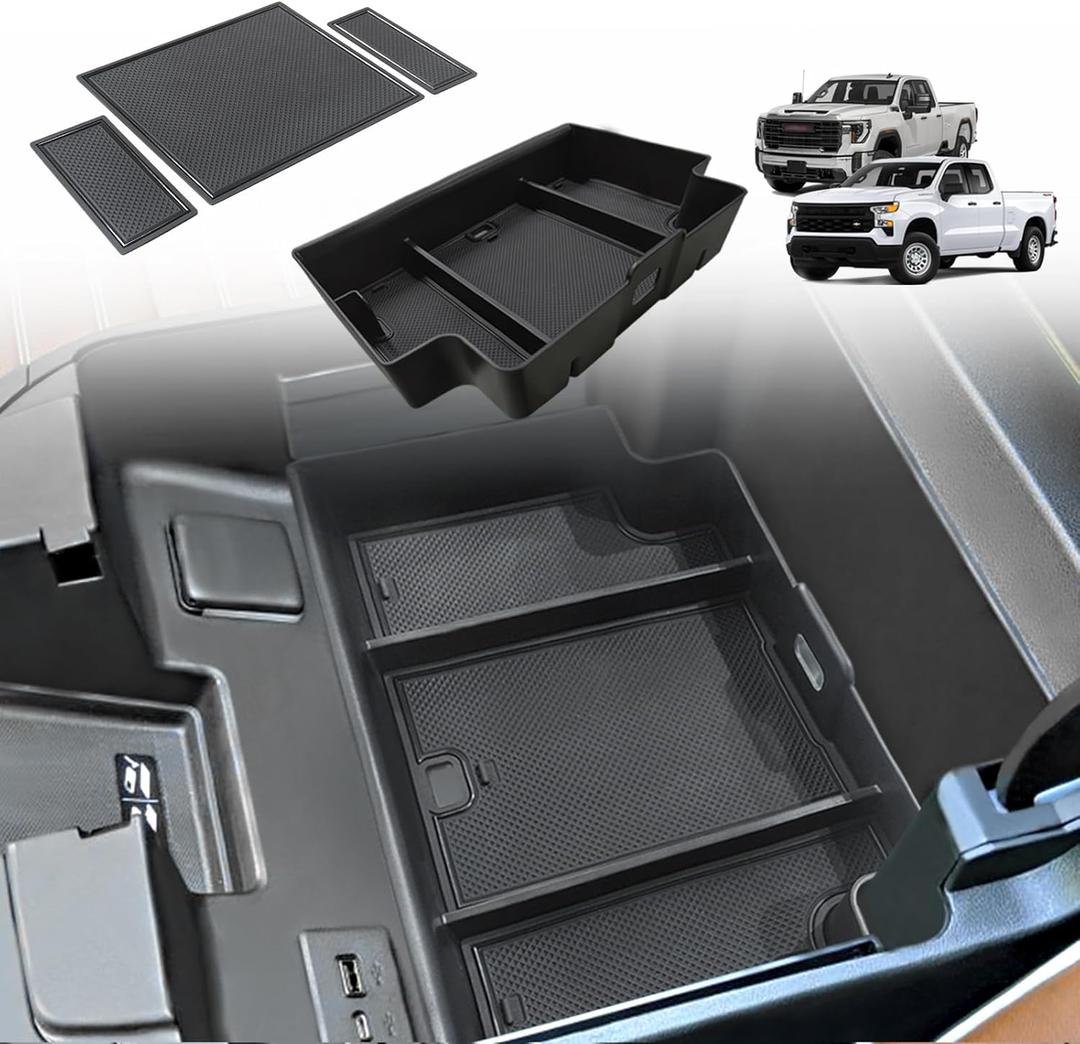 Muslogy Center Console Organizer Compatible with 2022-2026 Chevy Silverado/GMC Sierra 1500, 2024-2026 Silverado & Sierra 2500 3500HD Armrest Storage - Full w/Bucket Seats ONLY(Console Tray&Mats Set)